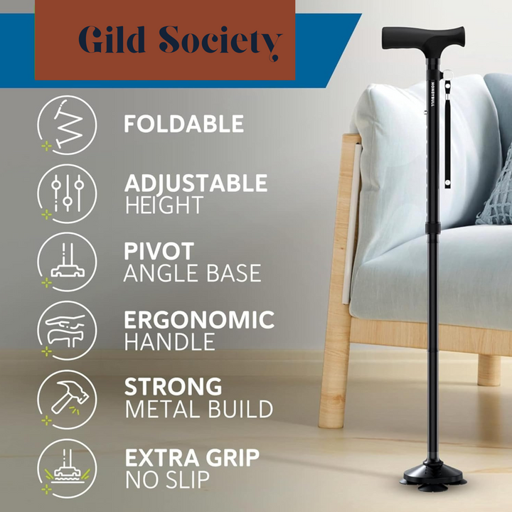 GIld Society Walking Cane for Men & Women - Foldable, Adjustable, Collapsible, Free Standing Cane, Pivot Tip, Heavy Duty | Walking Sticks, Folding Canes for Seniors & Adults (Black, Pivot Cane)
