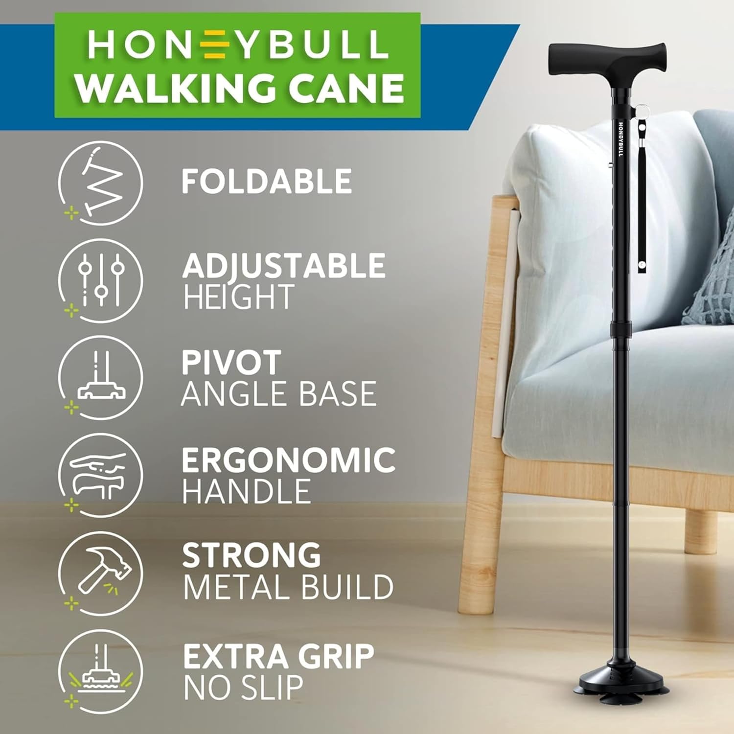 GIld Society Walking Cane for Men & Women - Foldable, Adjustable, Collapsible, Free Standing Cane, Pivot Tip, Heavy Duty | Walking Sticks, Folding Canes for Seniors & Adults (Black, Pivot Cane)