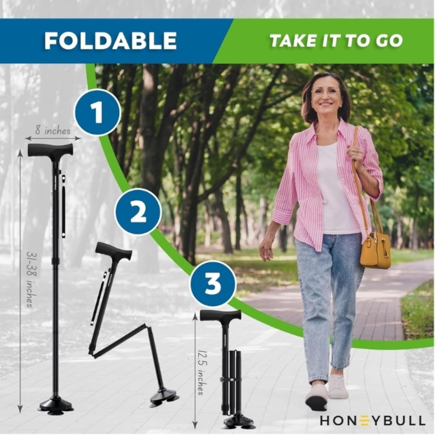 GIld Society Walking Cane for Men & Women - Foldable, Adjustable, Collapsible, Free Standing Cane, Pivot Tip, Heavy Duty | Walking Sticks, Folding Canes for Seniors & Adults (Black, Pivot Cane)