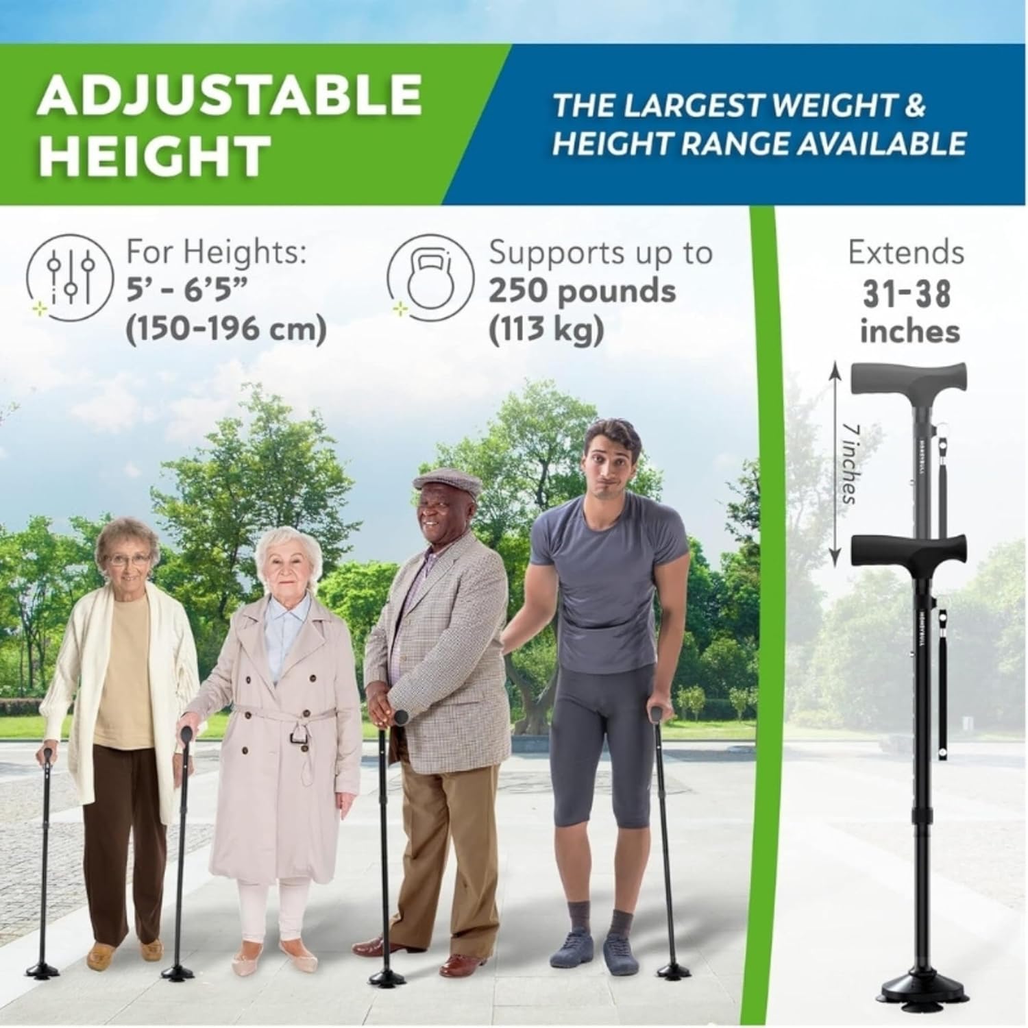 GIld Society Walking Cane for Men & Women - Foldable, Adjustable, Collapsible, Free Standing Cane, Pivot Tip, Heavy Duty | Walking Sticks, Folding Canes for Seniors & Adults (Black, Pivot Cane)